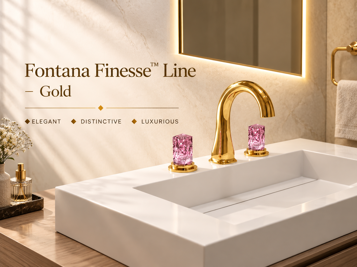 Fontana Finesse Gold Countertop Widespread Bathroom Faucet with Pink Crystal Handles